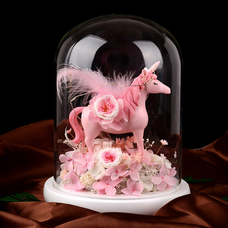 Perpetual flower unicorn glass cover finished Christmas birthday gift for colleague with gift box