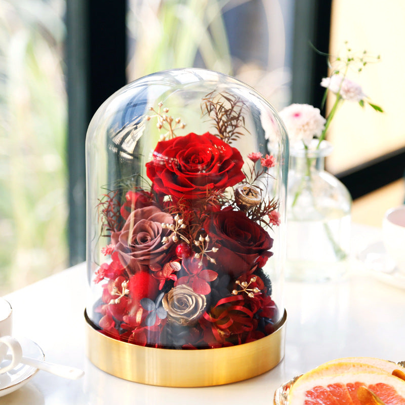 Immortal flower finished glass gift box golden base Valentine's day to send girlfriend rose confession gift