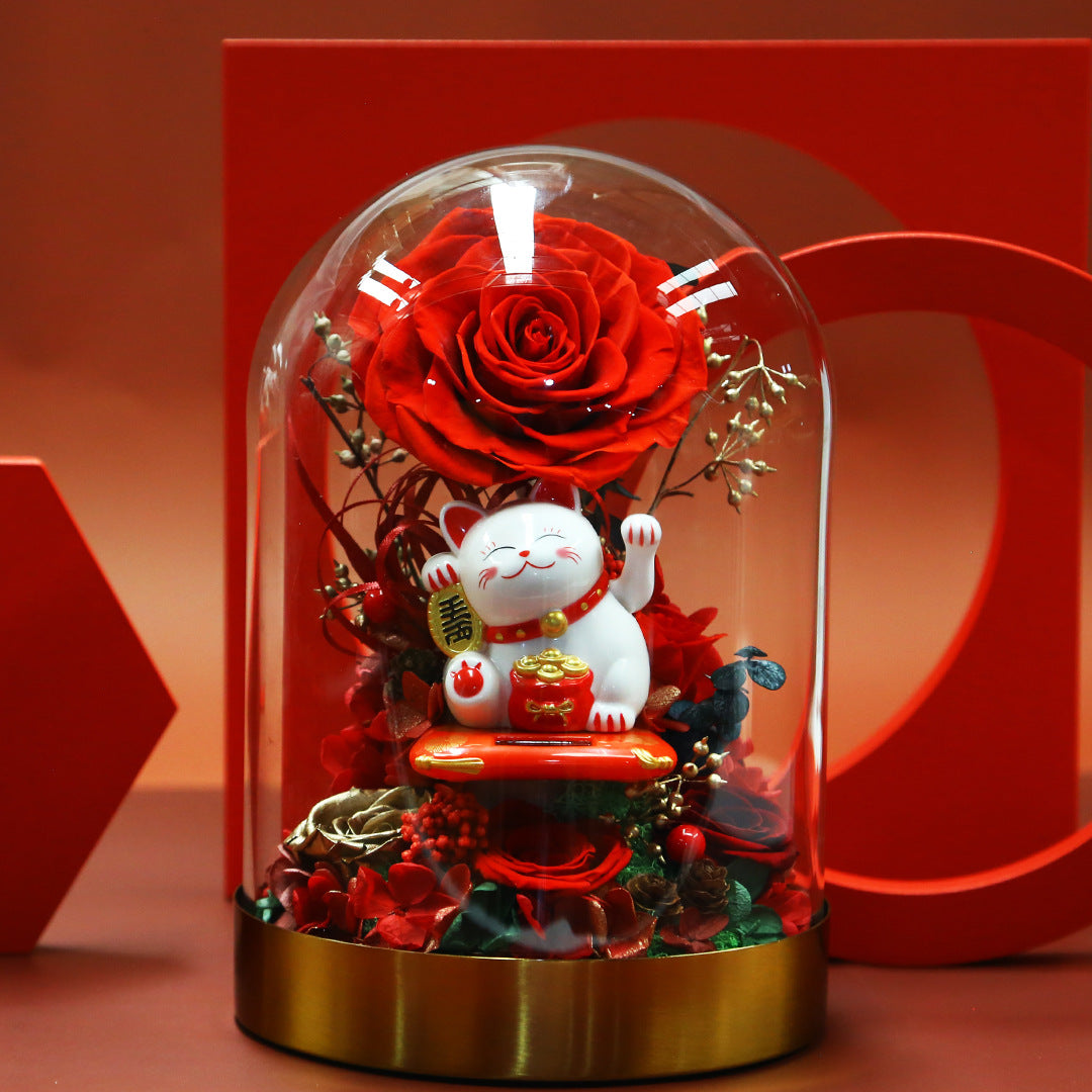 Immortal flower rose glass cover silk gift box finished lucky cat opening to send friends gifts wholesale