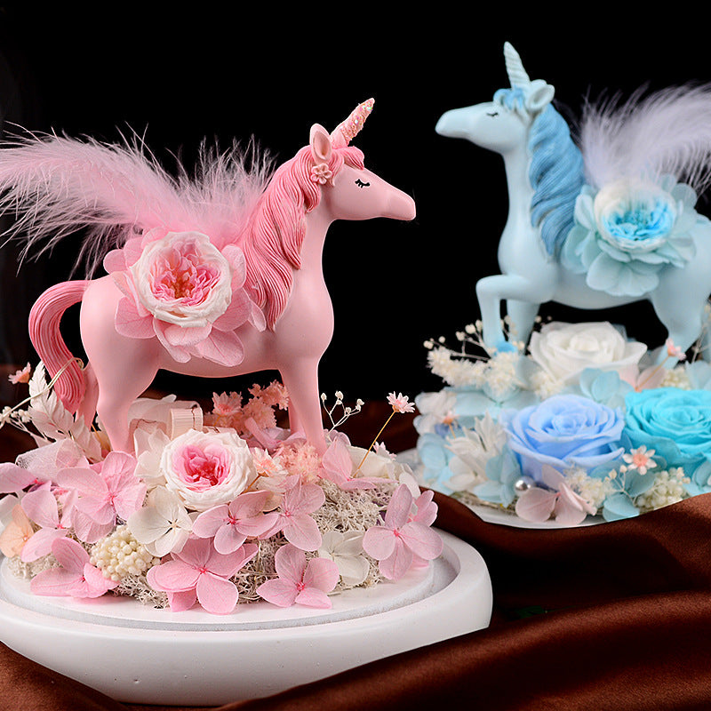 Perpetual flower unicorn glass cover finished Christmas birthday gift for colleague with gift box