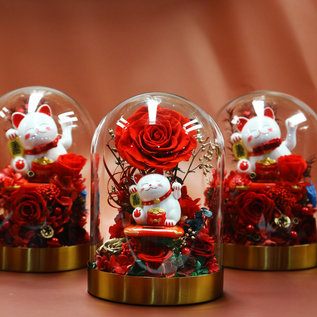 Immortal flower rose glass cover silk gift box finished lucky cat opening to send friends gifts wholesale