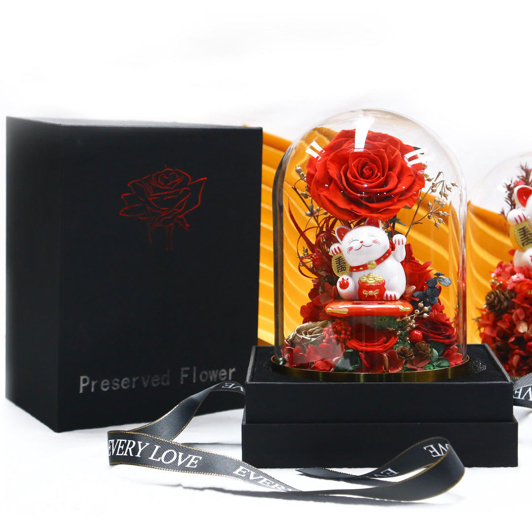 Immortal flower rose glass cover silk gift box finished lucky cat opening to send friends gifts wholesale