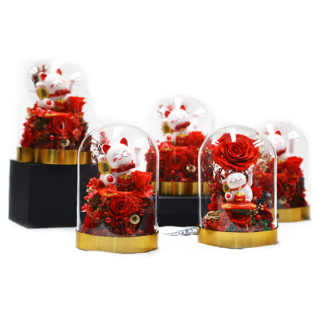 Immortal flower rose glass cover silk gift box finished lucky cat opening to send friends gifts wholesale