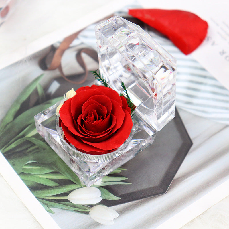 Floral supply Eternal single preserved ecuador rose in Acrylic ring box artificial flowers rose cheap gift souvenir in bulk