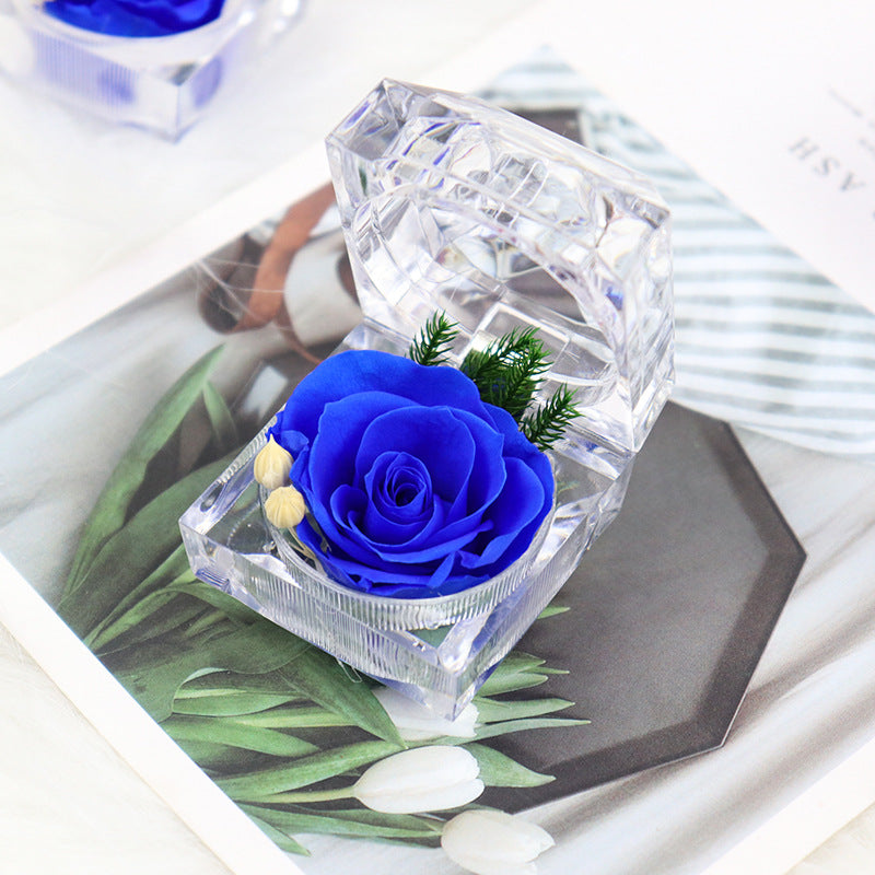 Floral supply Eternal single preserved ecuador rose in Acrylic ring box artificial flowers rose cheap gift souvenir in bulk