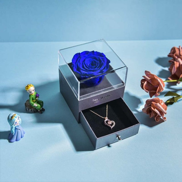 Natural Eternal Rose Jewelry Box /w 100 Languages Love Necklace Preserved Flowers Proposal Ring Case Valentine's Christmas Gifts