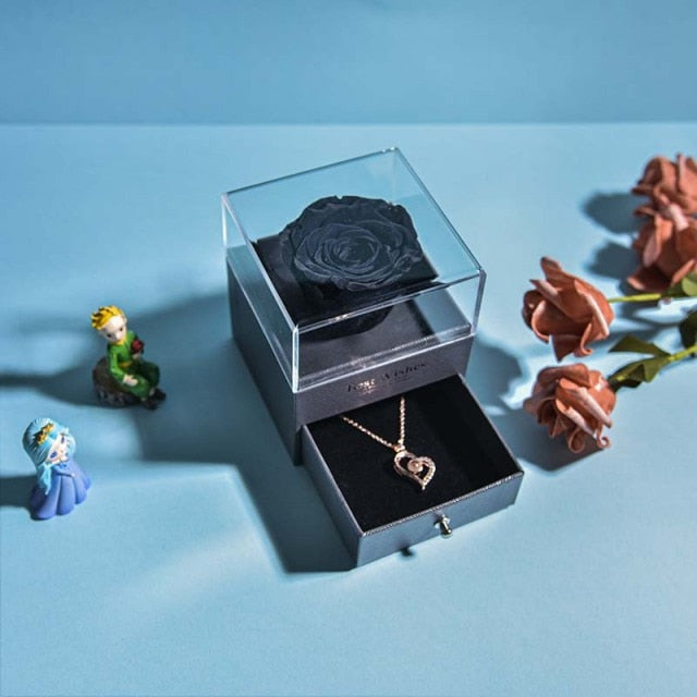 Natural Eternal Rose Jewelry Box /w 100 Languages Love Necklace Preserved Flowers Proposal Ring Case Valentine's Christmas Gifts