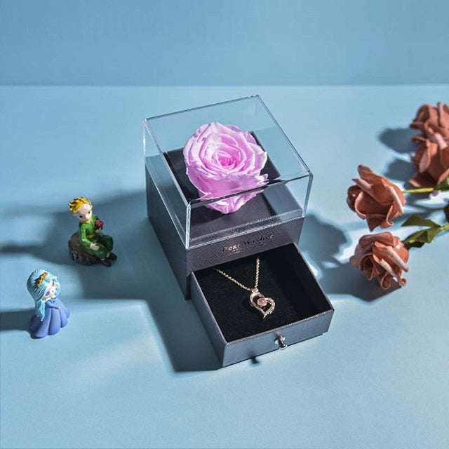 Natural Eternal Rose Jewelry Box /w 100 Languages Love Necklace Preserved Flowers Proposal Ring Case Valentine's Christmas Gifts