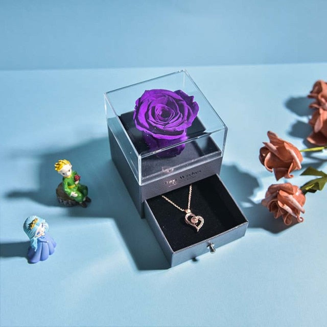 Natural Eternal Rose Jewelry Box /w 100 Languages Love Necklace Preserved Flowers Proposal Ring Case Valentine's Christmas Gifts