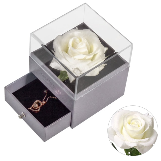 Natural Eternal Rose Jewelry Box /w 100 Languages Love Necklace Preserved Flowers Proposal Ring Case Valentine's Christmas Gifts