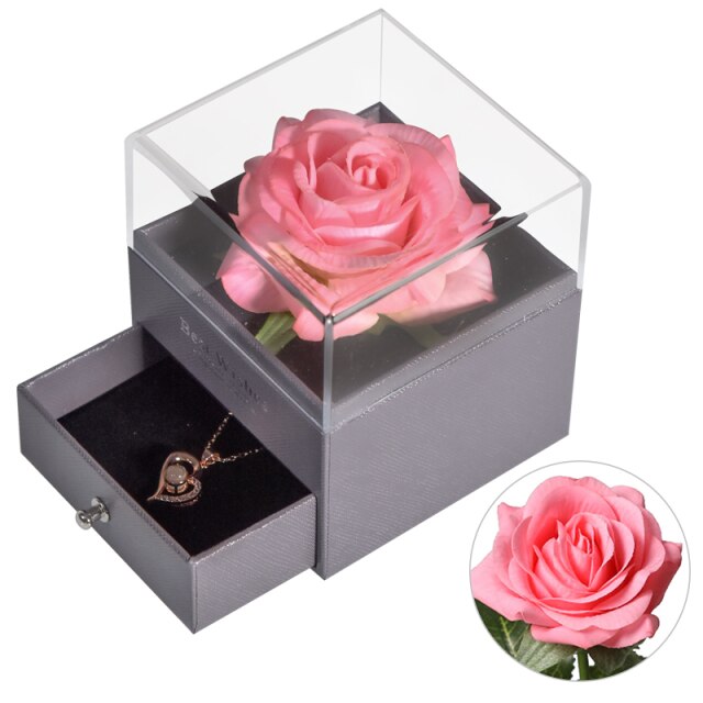 Natural Eternal Rose Jewelry Box /w 100 Languages Love Necklace Preserved Flowers Proposal Ring Case Valentine's Christmas Gifts