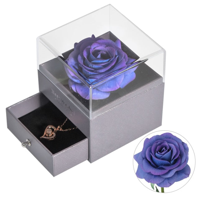 Natural Eternal Rose Jewelry Box /w 100 Languages Love Necklace Preserved Flowers Proposal Ring Case Valentine's Christmas Gifts