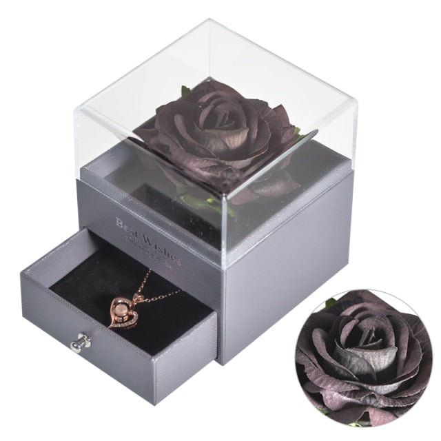 Natural Eternal Rose Jewelry Box /w 100 Languages Love Necklace Preserved Flowers Proposal Ring Case Valentine's Christmas Gifts