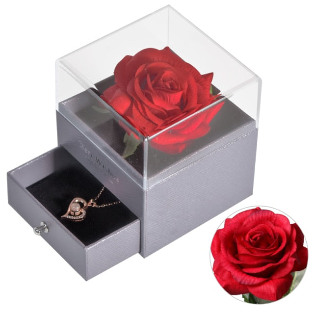 Natural Eternal Rose Jewelry Box /w 100 Languages Love Necklace Preserved Flowers Proposal Ring Case Valentine's Christmas Gifts