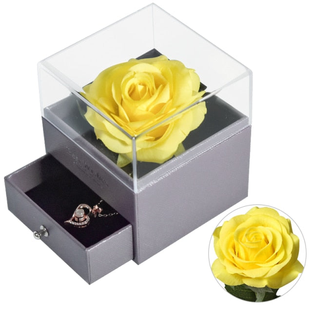 Natural Eternal Rose Jewelry Box /w 100 Languages Love Necklace Preserved Flowers Proposal Ring Case Valentine's Christmas Gifts