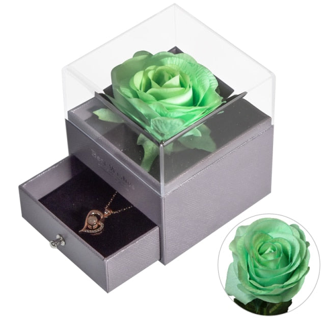 Natural Eternal Rose Jewelry Box /w 100 Languages Love Necklace Preserved Flowers Proposal Ring Case Valentine's Christmas Gifts