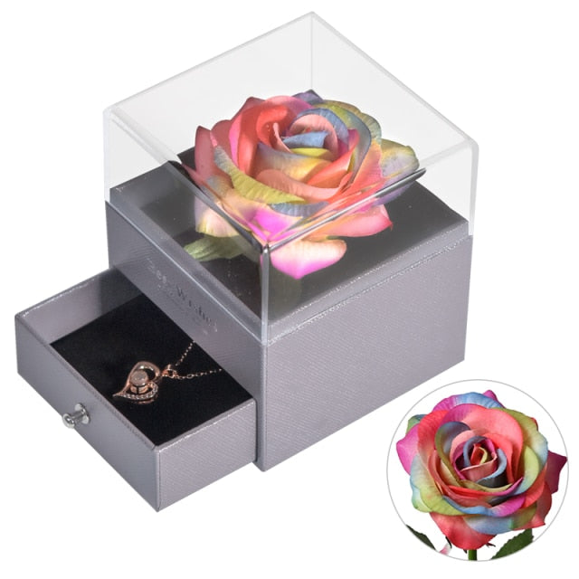 Natural Eternal Rose Jewelry Box /w 100 Languages Love Necklace Preserved Flowers Proposal Ring Case Valentine's Christmas Gifts