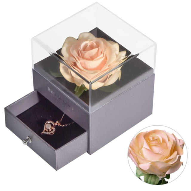 Natural Eternal Rose Jewelry Box /w 100 Languages Love Necklace Preserved Flowers Proposal Ring Case Valentine's Christmas Gifts