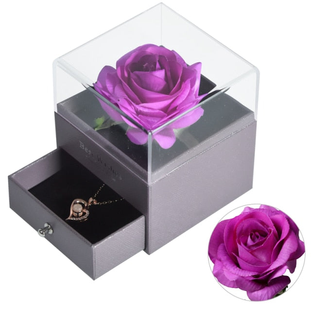 Natural Eternal Rose Jewelry Box /w 100 Languages Love Necklace Preserved Flowers Proposal Ring Case Valentine's Christmas Gifts