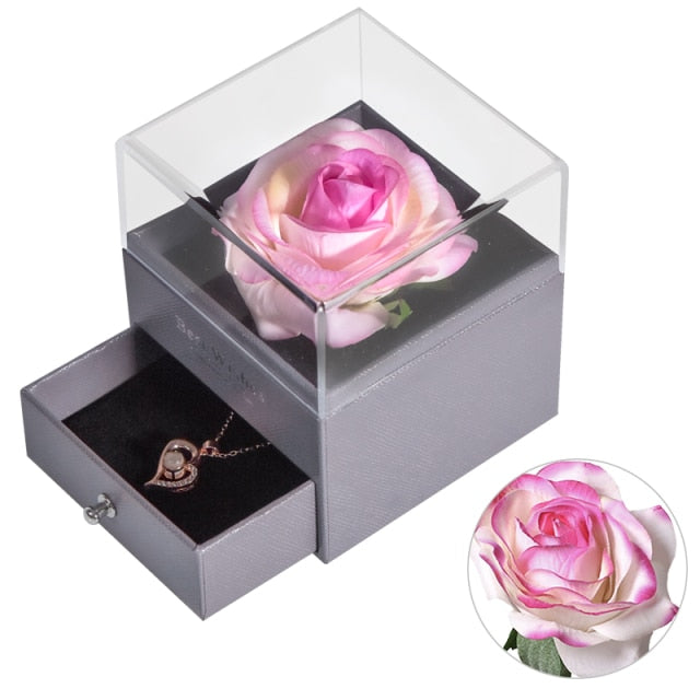 Natural Eternal Rose Jewelry Box /w 100 Languages Love Necklace Preserved Flowers Proposal Ring Case Valentine's Christmas Gifts