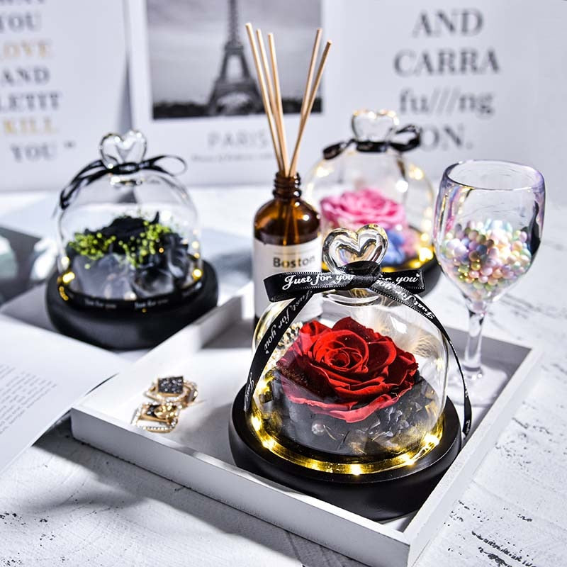 Natural Eternal Flowers Beauty and Beast Forever Preserved Rose In Glass Dome with Led Valentine Wedding Christmas Gifts for Her