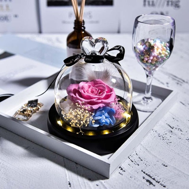 Natural Eternal Flowers Beauty and Beast Forever Preserved Rose In Glass Dome with Led Valentine Wedding Christmas Gifts for Her