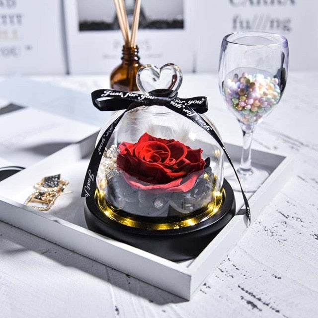 Natural Eternal Flowers Beauty and Beast Forever Preserved Rose In Glass Dome with Led Valentine Wedding Christmas Gifts for Her