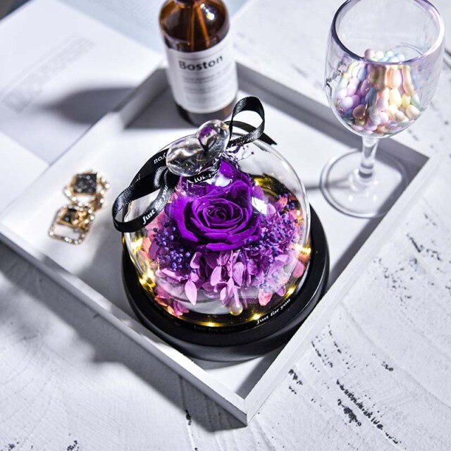 Natural Eternal Flowers Beauty and Beast Forever Preserved Rose In Glass Dome with Led Valentine Wedding Christmas Gifts for Her