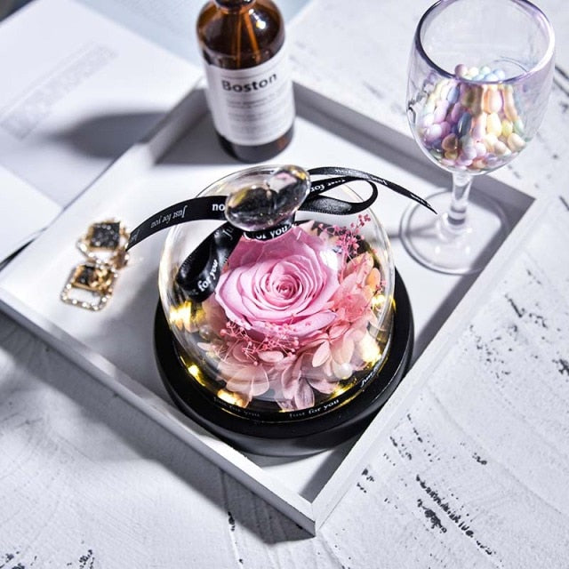 Natural Eternal Flowers Beauty and Beast Forever Preserved Rose In Glass Dome with Led Valentine Wedding Christmas Gifts for Her